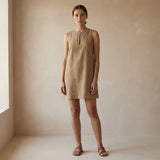 Beige Cotton Sleeveless A-Line Short Shift Dress