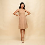Front View of a Model wearing Beige Cotton Sleeveless Slim Fit Short Dress