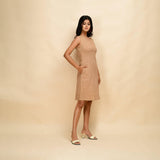 Right View of a Model wearing Beige Cotton Slim Fit Short Dress