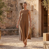 Beige Cotton Wavy Stripe Maxi Shift Dress