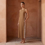 Beige Cotton Wavy Stripe Maxi Shift Dress