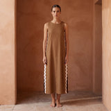 Beige Cotton Wavy Stripe Maxi Shift Dress