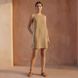 Beige Cotton Wavy Stripe Short Shift Dress
