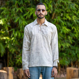 Beige Dabu Hand-Lep Cotton Full Sleeve Polo T-Shirt