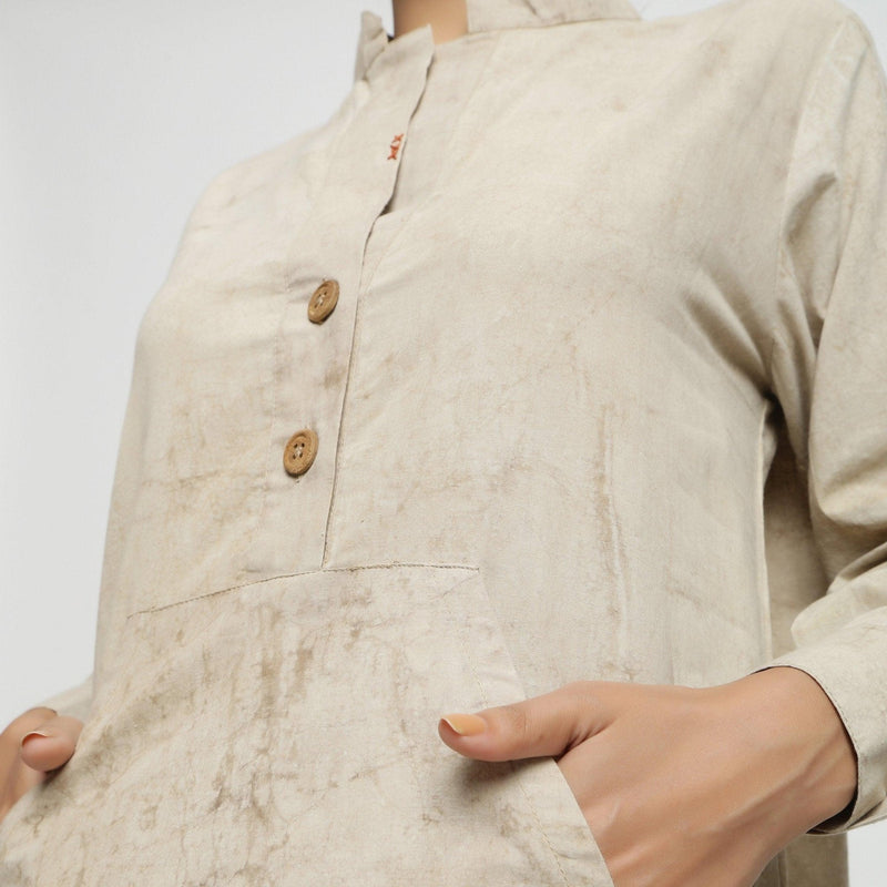 Front Detail of a Model wearing Beige Dabu Hand-Lep Cotton Knee Length Shirt Dress