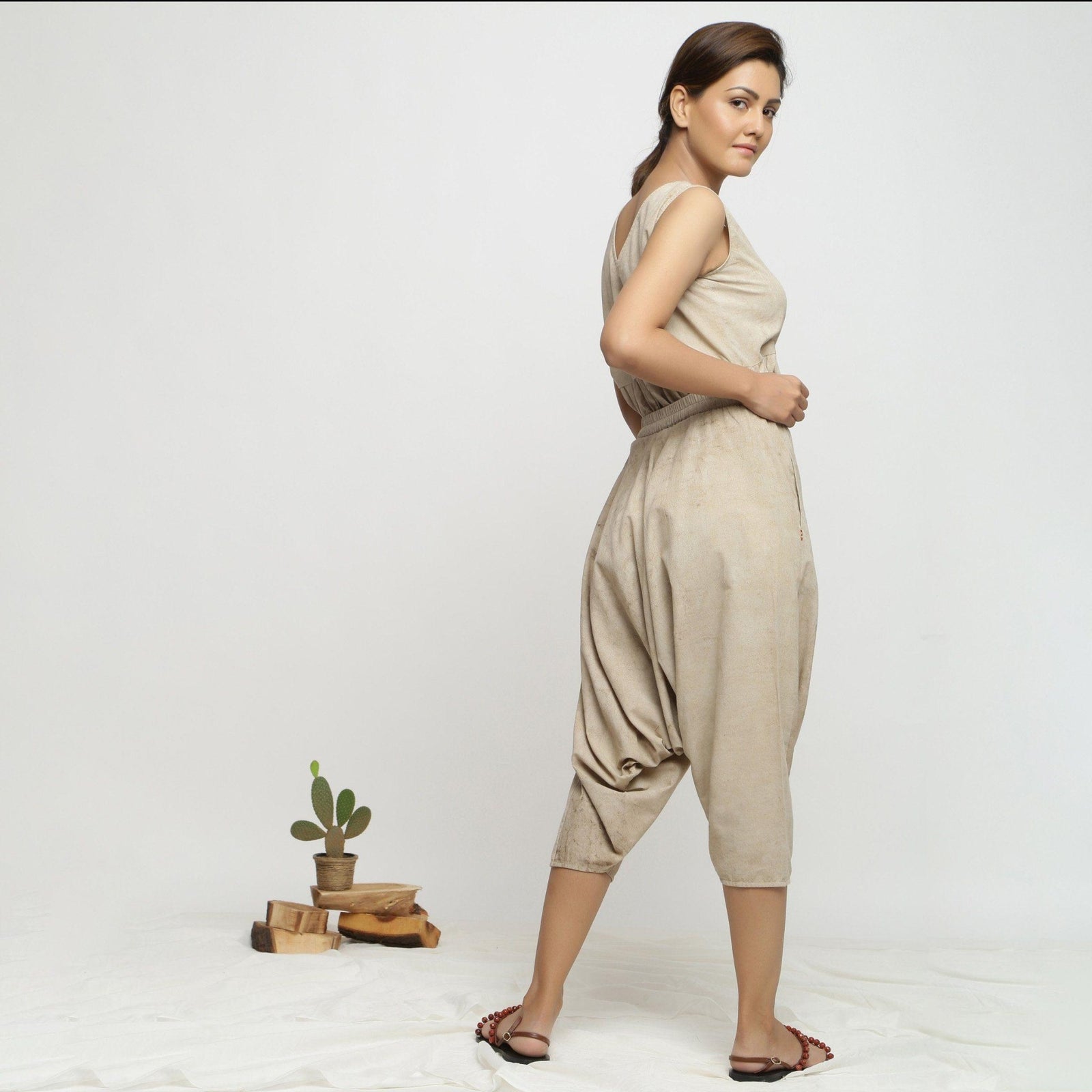 Buy Beige Dabu Print 100% Cotton Elasticated Zouave Pant Online at