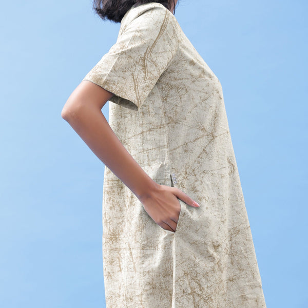 Beige Dabu Print Cotton Knee Length Dress