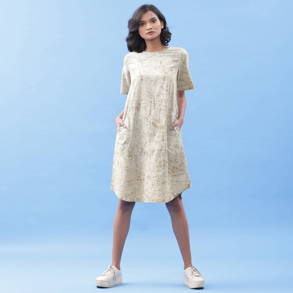 Beige Dabu Print Cotton Knee Length Dress