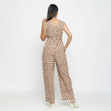 Back View of a Model wearing Bagru Print Beige Floral Jumpsuit