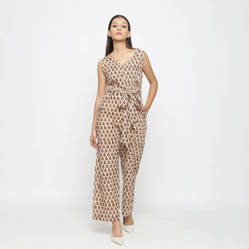 Front View of a Model wearing Bagru Print Beige Floral Jumpsuit