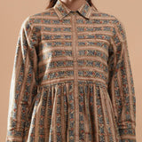 Front Detail of a Model wearing Warm Striped Floral Kalamkari Shirt