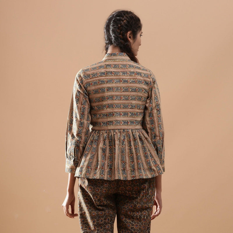 Back View of a Model wearing Warm Striped Floral Kalamkari Shirt