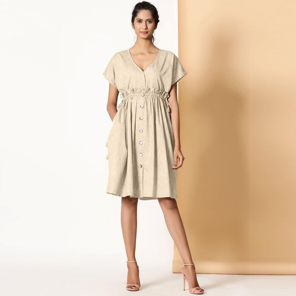 Front View of a Model wearing Bohemian Cotton Beige Frilled Dress