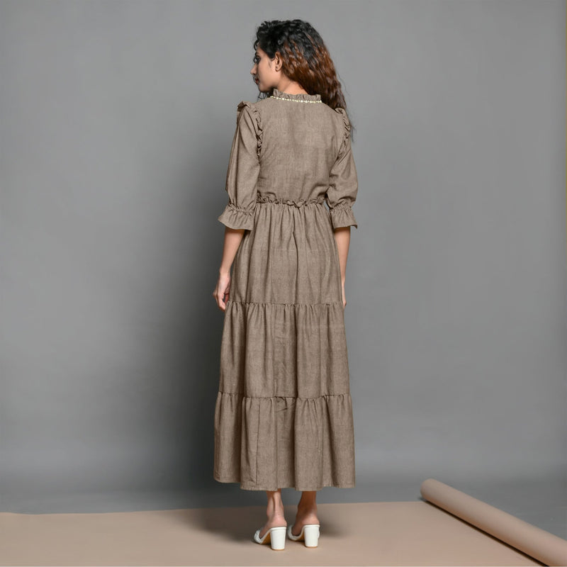 Beige Hand-Beaded Cotton Flax Boho Maxi Dress