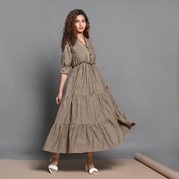 Beige Hand-Beaded Cotton Flax Boho Maxi Dress 54" / Tall (5'7" and above) Beige Hand-Beaded Cotton Flax Boho Maxi Dress 54" / Tall (5'7" and above)