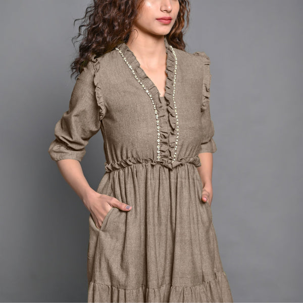 Beige Hand-Beaded Cotton Flax Boho Maxi Dress