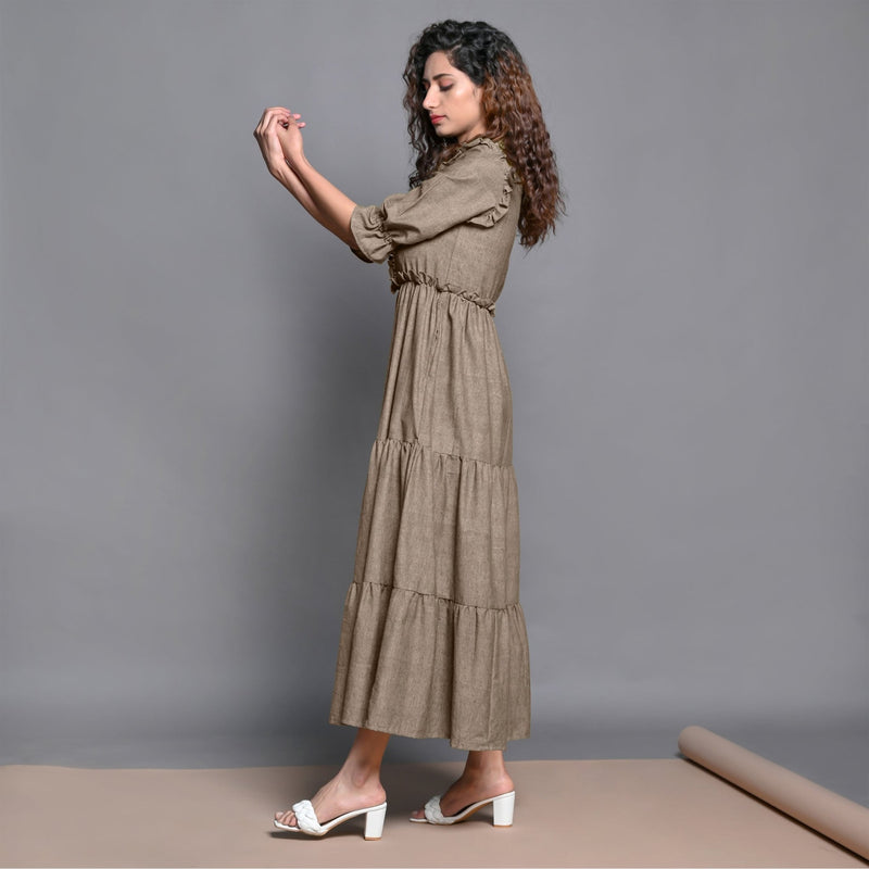 Beige Hand-Beaded Cotton Flax Boho Maxi Dress