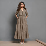 Beige Hand-Beaded Cotton Flax Boho Maxi Dress