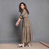Beige Hand-Beaded Cotton Flax Boho Maxi Dress