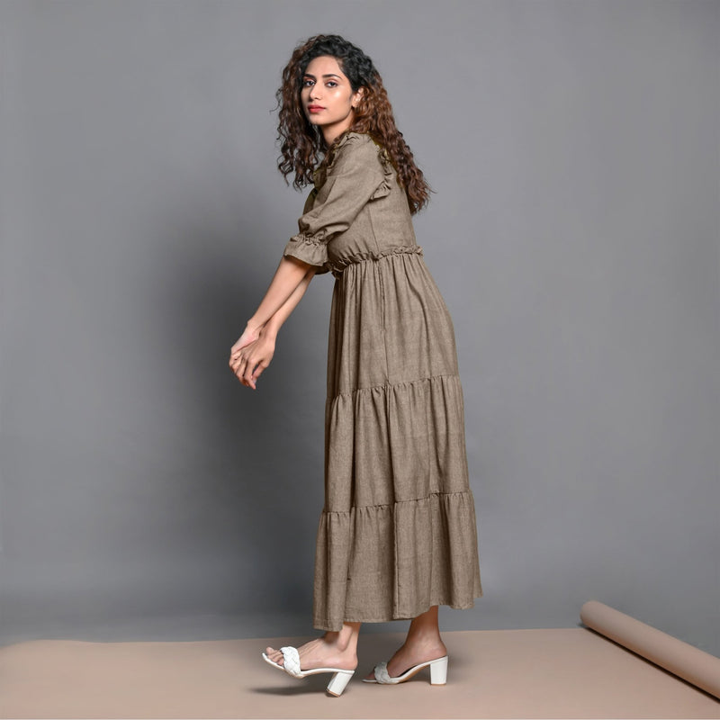 Beige Hand-Beaded Cotton Flax Boho Maxi Dress