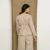 Back View of a Model wearing Beige Handspun Full Sleeve V-Neck Wrap Top