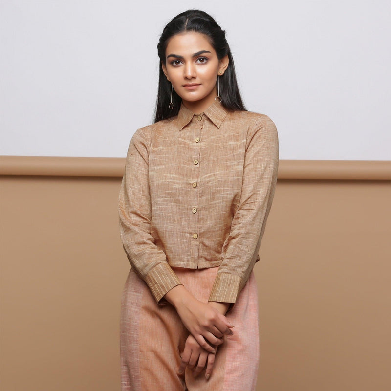 Front View of Model wearing Beige Handspun Button-Down Shirt