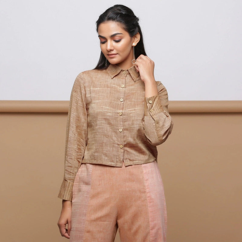 Front View of a Model wearing Beige Handspun Cotton Muslin Button-Down Short Shirt