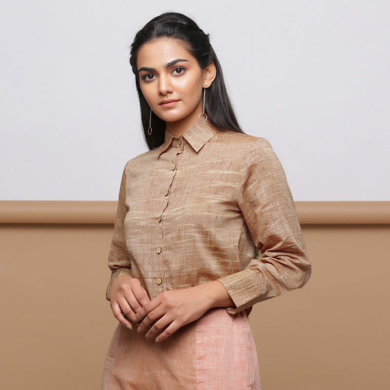 Left View of Model wearing Beige Handspun Button-Down Shirt