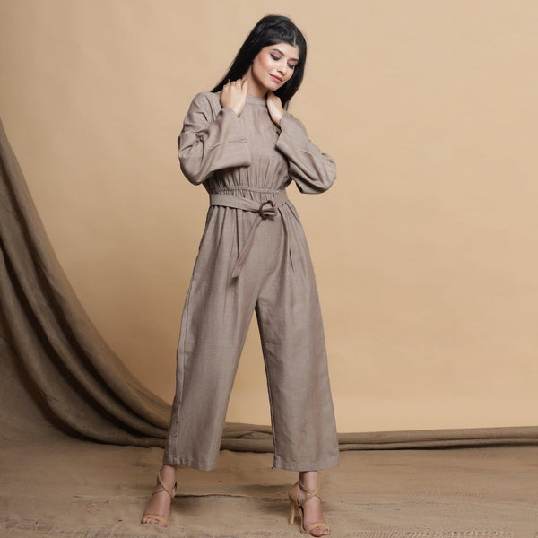 Front View of a Model wearing Beige Flared Sleeve Gathered Jumpsuit