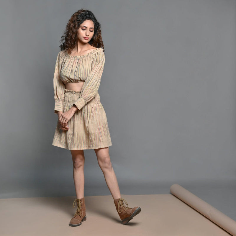 Front View of a Model wearing Beige Handwoven Cotton Frilled Crop Top