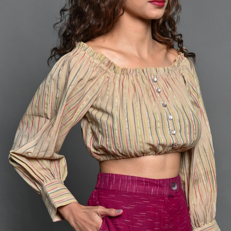 Front Detail of a Model wearing Beige Handwoven Cotton Frilled Crop Top