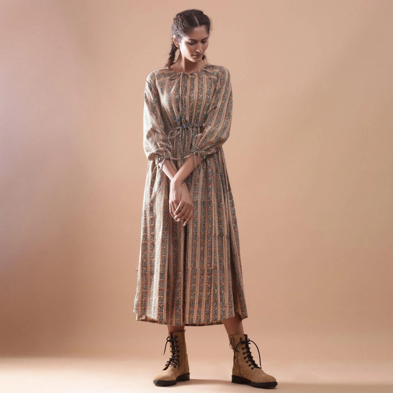 Front View of a Model wearing Beige Kalamkari Block Print Cotton Midi Dress