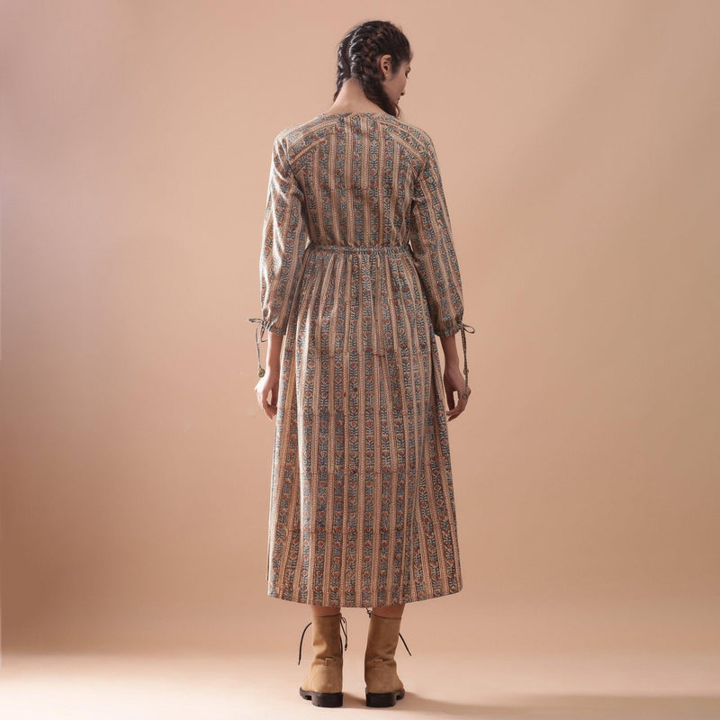 Back View of a Model wearing Beige Kalamkari Peasant Midi Dress