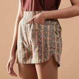 Beige Kalamkari Block Print Cotton Shorts