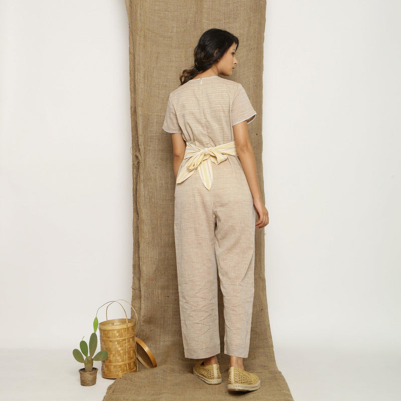 Beige Laced Cotton Muslin Split Neck Paneled Jumpsuit