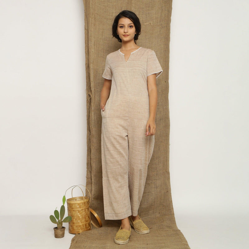 Beige Laced Cotton Muslin Split Neck Paneled Jumpsuit