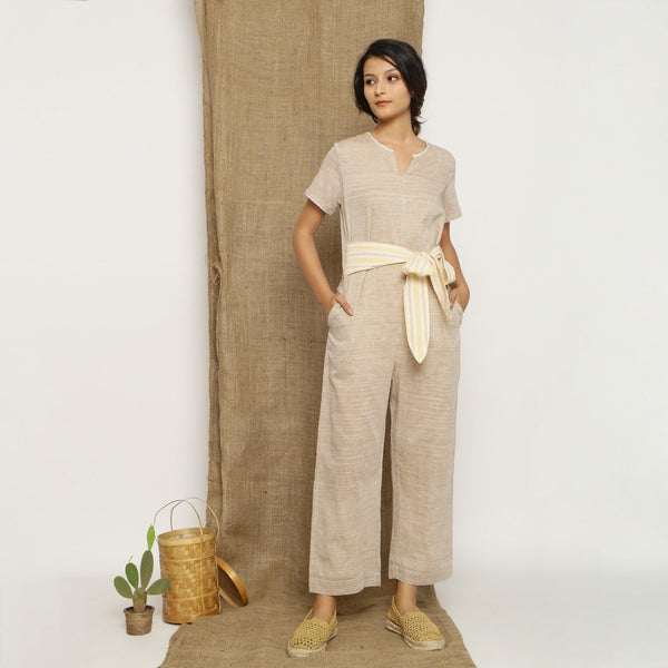 Beige Laced Cotton Muslin Split Neck Paneled Jumpsuit