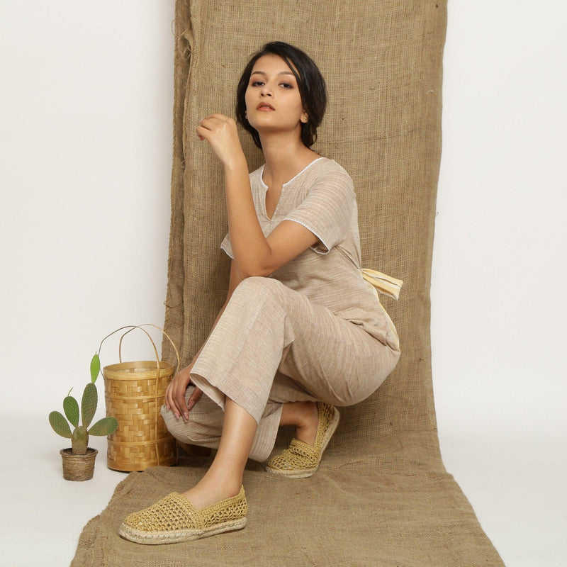 Beige Laced Cotton Muslin Split Neck Paneled Jumpsuit