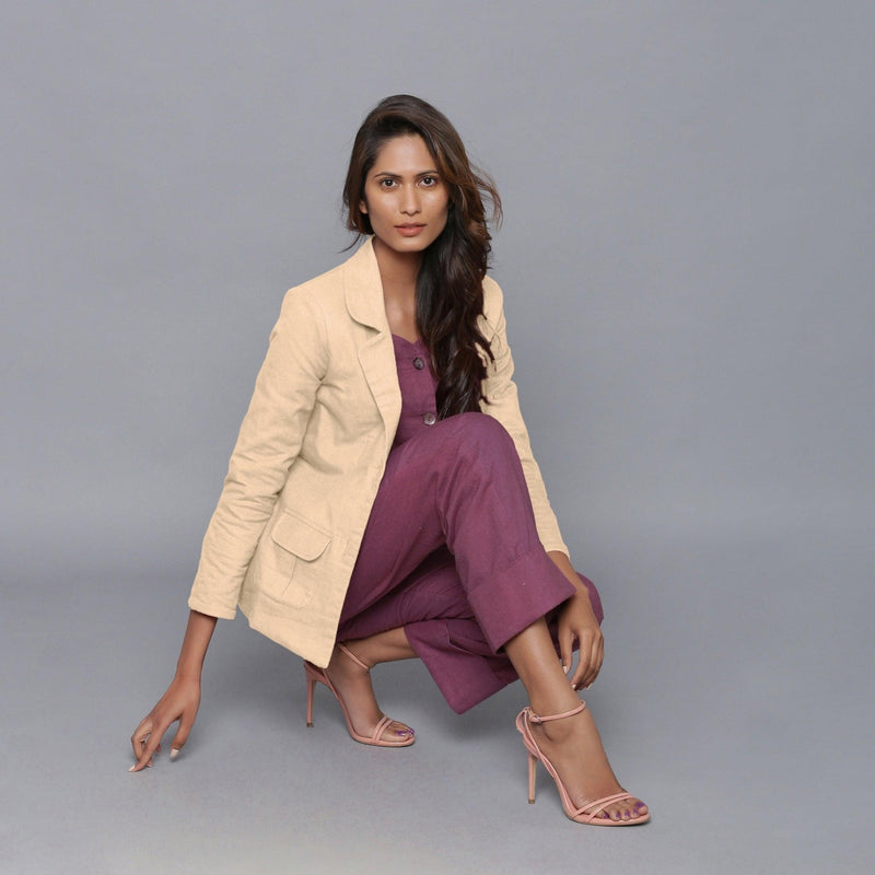 Front View of a Model wearing Beige Slim Fit Flannel Blazer