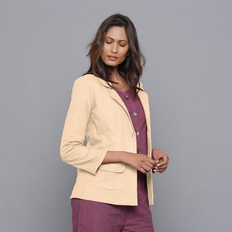 Right View of a Model wearing Beige Slim Fit Flannel Blazer