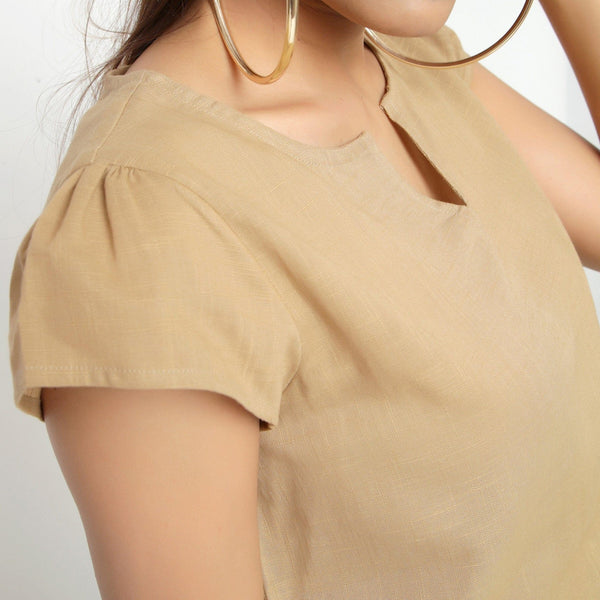 Front Detail of a Model wearing Beige Puff Sleeves Cotton A-Line Top