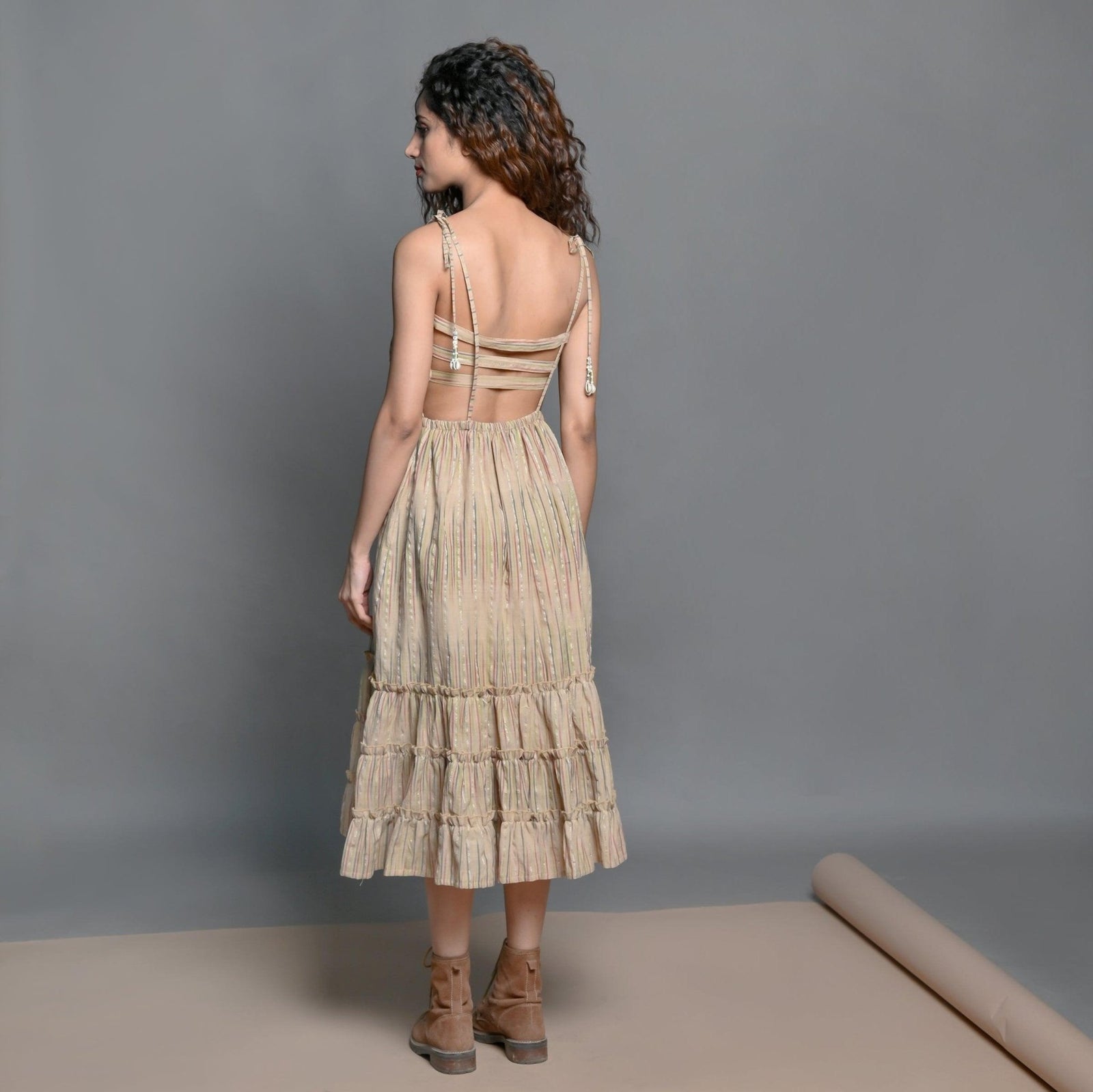 cotton midi sun dress Beige Striped Handwoven Sundress 46