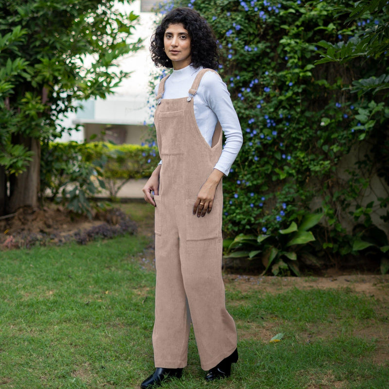 Beige Warm Cotton Corduroy Ankle Length Dungaree