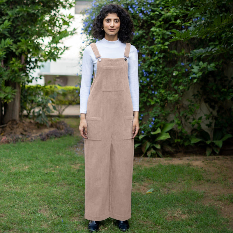 Beige Warm Cotton Corduroy Ankle Length Dungaree