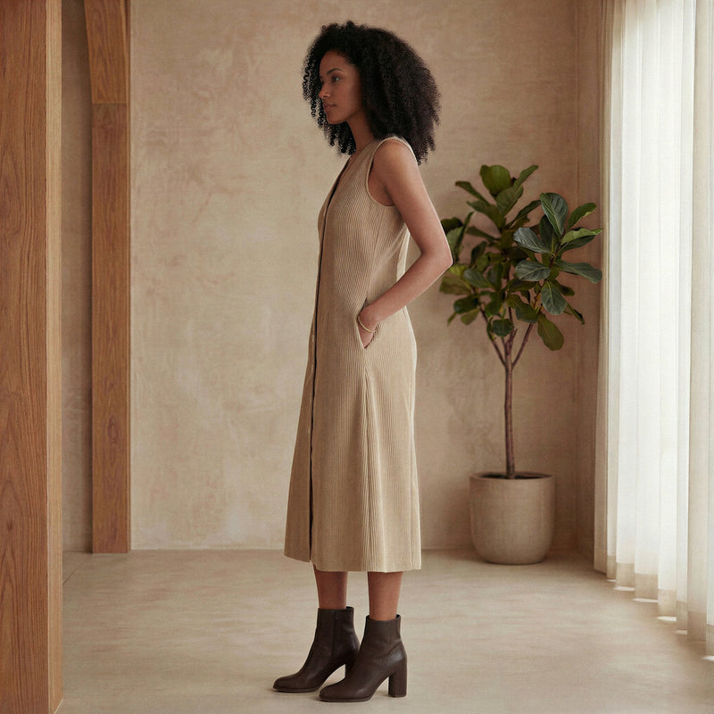 Beige Warm Cotton Corduroy Button-Down Midi Dress 44" / Custom Height (Free) Beige Warm Cotton Corduroy Button-Down Midi Dress 44" / Custom Height (Free)