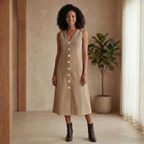 Beige Warm Cotton Corduroy Button-Down Midi Dress