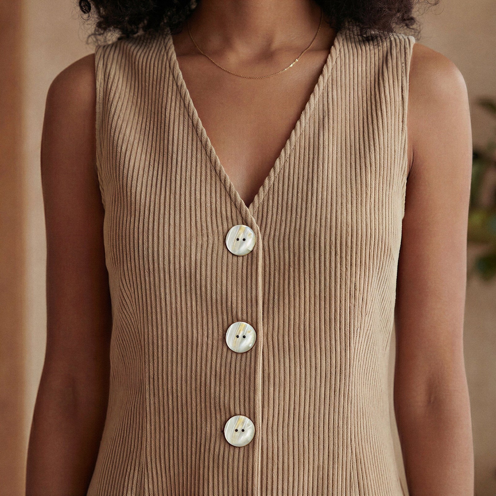 Beige Warm Cotton Corduroy Button-Down Midi Dress 44