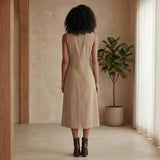 Beige Warm Cotton Corduroy Button-Down Midi Dress