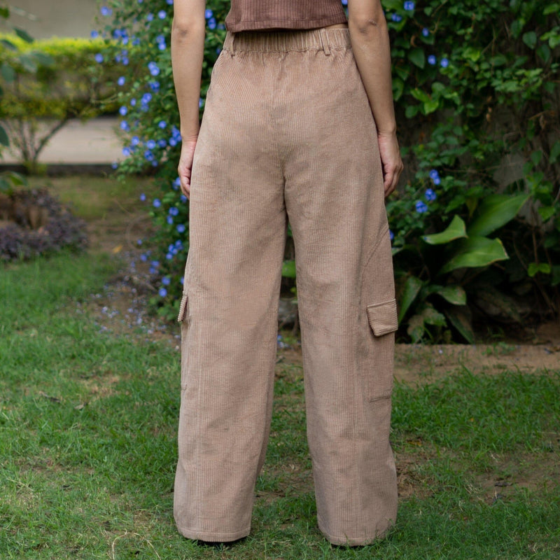 Beige Warm Cotton Corduroy High-Rise Baggy Cargo Pant