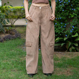 Beige Warm Cotton Corduroy High-Rise Baggy Cargo Pant